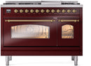 ILVE Nostalgie II 48-Inch Dual Fuel Freestanding Range with Removable Griddle in Burgundy with Brass Trim (UP48FNMPBUG)