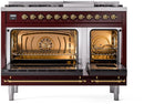 ILVE Nostalgie II 48-Inch Dual Fuel Freestanding Range with Removable Griddle in Burgundy with Brass Trim (UP48FNMPBUG)
