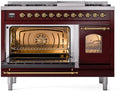 ILVE Nostalgie II 48-Inch Dual Fuel Freestanding Range with Removable Griddle in Burgundy with Brass Trim (UP48FNMPBUG)