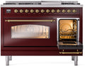 ILVE Nostalgie II 48-Inch Dual Fuel Freestanding Range with Removable Griddle in Burgundy with Brass Trim (UP48FNMPBUG)