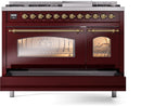 ILVE Nostalgie II 48-Inch Dual Fuel Freestanding Range with Removable Griddle in Burgundy with Brass Trim (UP48FNMPBUG)