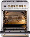 ILVE Nostalgie II 30-Inch Dual Fuel Freestanding Range in Stainless Steel with Brass Trim (UP30NMPSSG)
