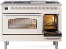 ILVE Nostalgie II 48-Inch Dual Fuel Freestanding Range with Removable Griddle in Antique White with Chrome Trim (UP48FNMPAWC)