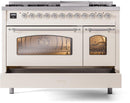 ILVE Nostalgie II 48-Inch Dual Fuel Freestanding Range with Removable Griddle in Antique White with Chrome Trim (UP48FNMPAWC)