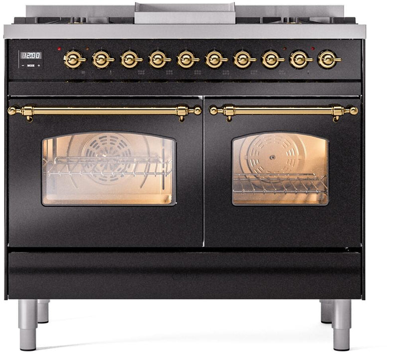 ILVE Nostalgie II 40-Inch Dual Fuel Freestanding Range with Removable Griddle in Glossy Black with Brass Trim (UPD40FNMPBKG)