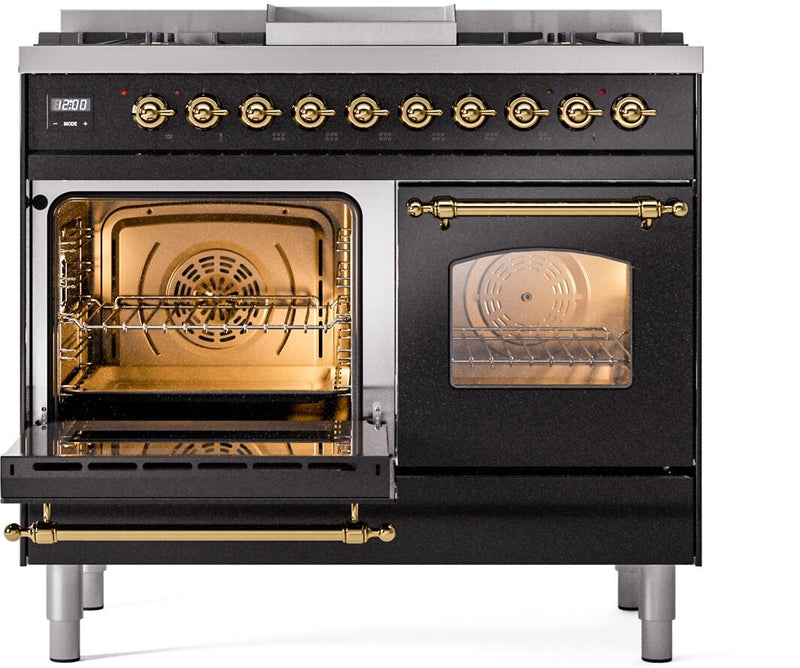 ILVE Nostalgie II 40-Inch Dual Fuel Freestanding Range with Removable Griddle in Glossy Black with Brass Trim (UPD40FNMPBKG)