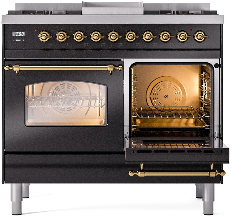 ILVE Nostalgie II 40-Inch Dual Fuel Freestanding Range with Removable Griddle in Glossy Black with Brass Trim (UPD40FNMPBKG)