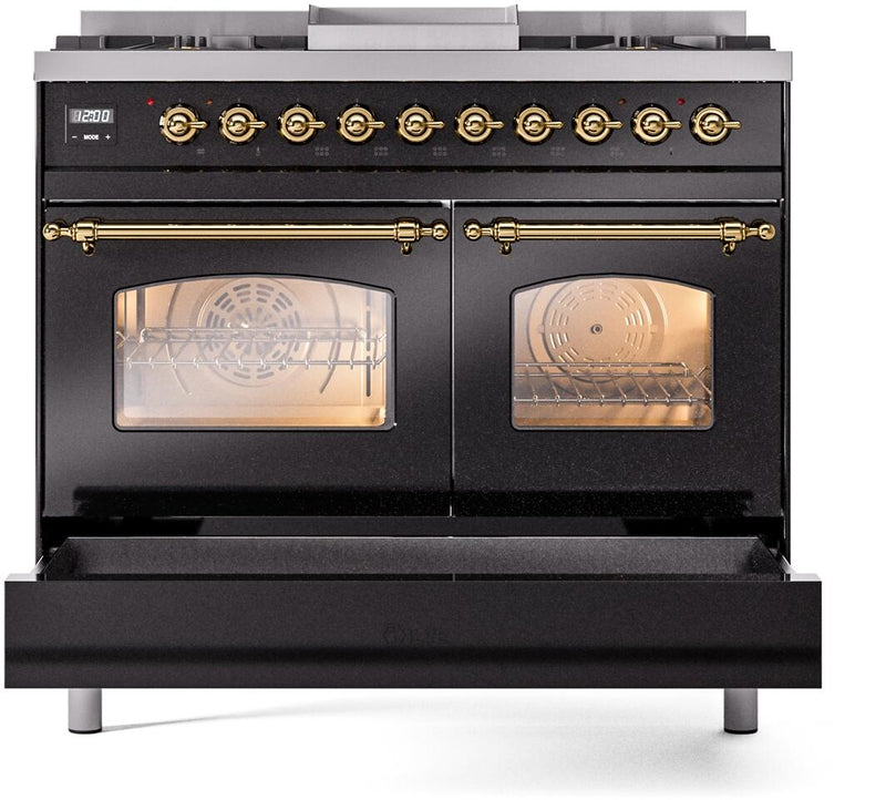 ILVE Nostalgie II 40-Inch Dual Fuel Freestanding Range with Removable Griddle in Glossy Black with Brass Trim (UPD40FNMPBKG)