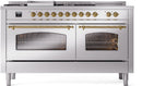 ILVE Nostalgie II 60-Inch Dual Fuel Freestanding Range with Removable Griddle in Stainless Steel with Brass Trim (UP60FSNMPSSG)