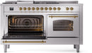 ILVE Nostalgie II 60-Inch Dual Fuel Freestanding Range with Removable Griddle in Stainless Steel with Brass Trim (UP60FSNMPSSG)