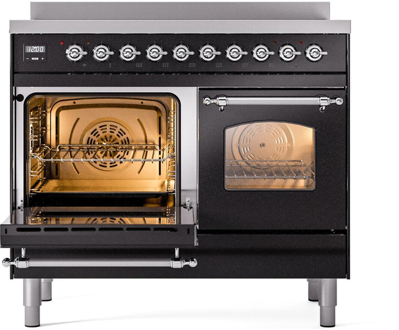 ILVE Nostalgie II 40-Inch Freestanding Electric Induction Range in Glossy Black with Chrome Trim (UPDI406NMPBKC)