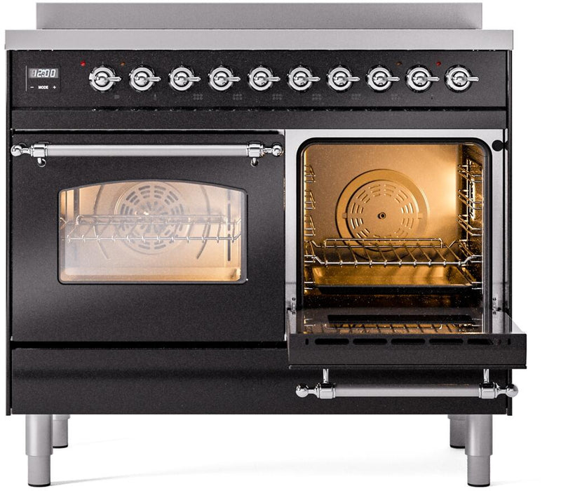 ILVE Nostalgie II 40-Inch Freestanding Electric Induction Range in Glossy Black with Chrome Trim (UPDI406NMPBKC)