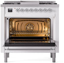 ILVE Nostalgie II 36-Inch Dual Fuel Freestanding Range with Removable Griddle in White with Chrome Trim (UP36FNMPWHC)