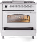 ILVE Nostalgie II 36-Inch Dual Fuel Freestanding Range with Removable Griddle in White with Chrome Trim (UP36FNMPWHC)