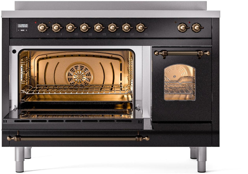 ILVE Nostalgie II 48-Inch Freestanding Electric Induction Range in Glossy Black with Bronze Trim (UPI486NMPBKB)