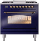 ILVE Nostalgie II 36-Inch Dual Fuel Freestanding Range with Removable Griddle in Midnight Blue with Bronze Trim (UP36FNMPMBB)