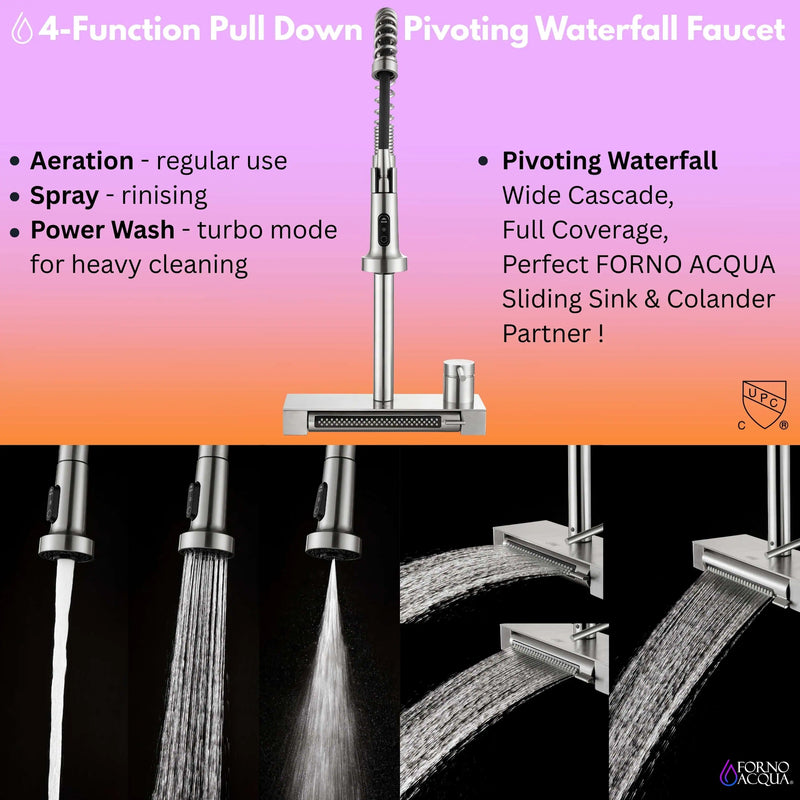 Forno Acqua 33-Inch Drop-In/Undermount 3-Level MultiSINK Workstation Sink with Waterfall Faucet & Glass Rinser (E-XP31)