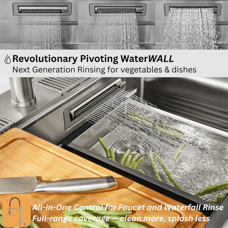 Forno Acqua 33-Inch Drop-In/Undermount 3-Level Workstation Sink with Faucet, Waterfall & Glass Rinser (E-ZP31)