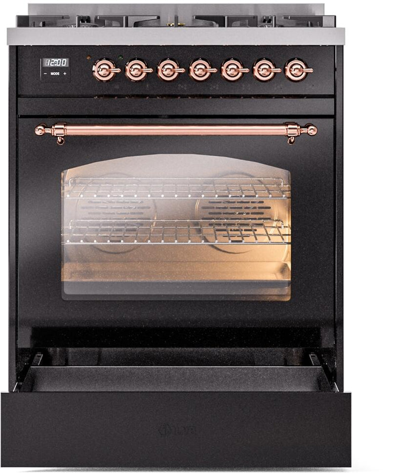 ILVE Nostalgie II 30-Inch Dual Fuel Freestanding Range in Glossy Black with Copper Trim (UP30NMPBKP)