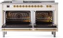 ILVE Nostalgie II 60-Inch Dual Fuel Freestanding Range with Removable Griddle in Antique White with Brass Trim (UP60FSNMPAWG)