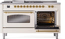 ILVE Nostalgie II 60-Inch Dual Fuel Freestanding Range with Removable Griddle in Antique White with Brass Trim (UP60FSNMPAWG)
