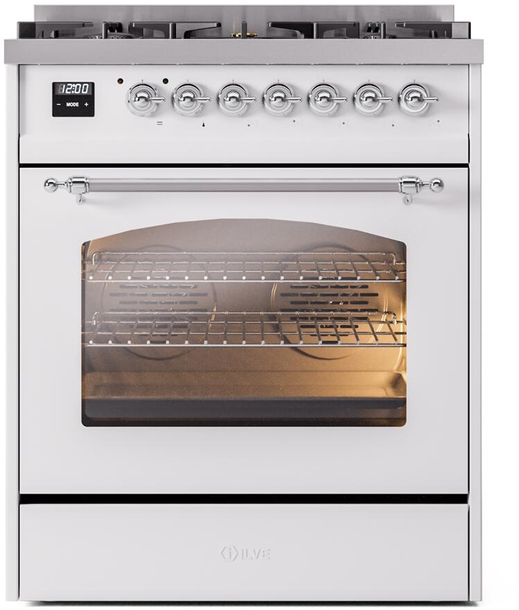 ILVE Nostalgie II 30-Inch Dual Fuel Freestanding Range in White with Chrome Trim (UP30NMPWHC)