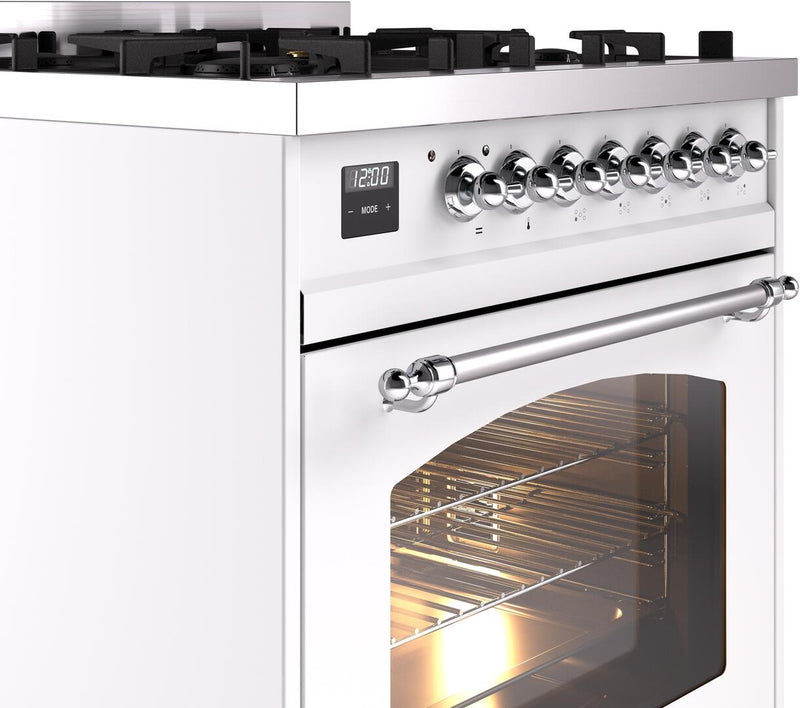 ILVE Nostalgie II 30-Inch Dual Fuel Freestanding Range in White with Chrome Trim (UP30NMPWHC)