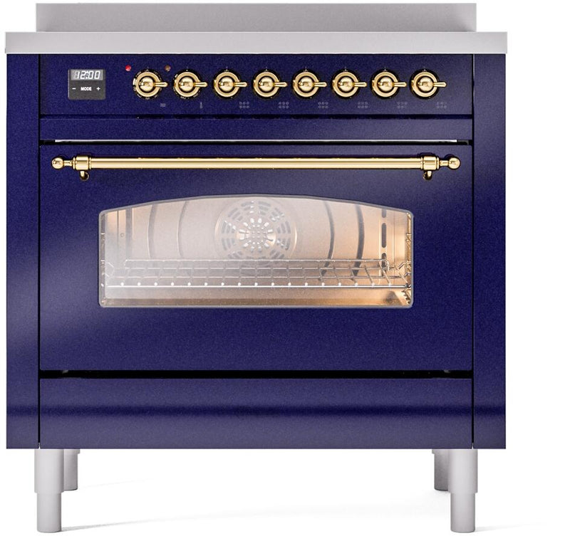 ILVE Nostalgie II 36-Inch Freestanding Electric Induction Range in Midnight Blue with Brass Trim (UPI366NMPMBG)