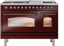 ILVE Nostalgie II 48-Inch Dual Fuel Freestanding Range with Removable Griddle in Burgundy with Bronze Trim (UP48FNMPBUB)
