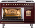 ILVE Nostalgie II 48-Inch Dual Fuel Freestanding Range with Removable Griddle in Burgundy with Bronze Trim (UP48FNMPBUB)