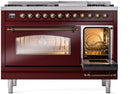 ILVE Nostalgie II 48-Inch Dual Fuel Freestanding Range with Removable Griddle in Burgundy with Bronze Trim (UP48FNMPBUB)