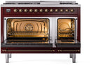ILVE Nostalgie II 48-Inch Dual Fuel Freestanding Range with Removable Griddle in Burgundy with Bronze Trim (UP48FNMPBUB)