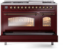 ILVE Nostalgie II 48-Inch Dual Fuel Freestanding Range with Removable Griddle in Burgundy with Bronze Trim (UP48FNMPBUB)