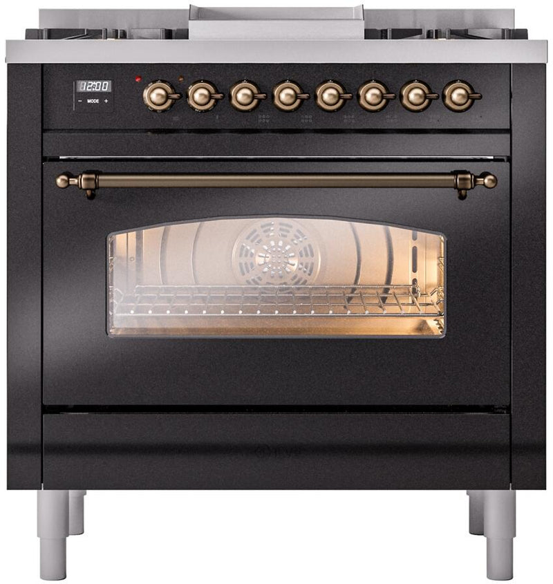 ILVE Nostalgie II 36-Inch Dual Fuel Freestanding Range with Removable Griddle in Glossy Black with Bronze Trim (UP36FNMPBKB)