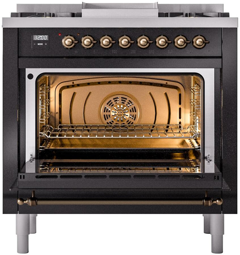 ILVE Nostalgie II 36-Inch Dual Fuel Freestanding Range with Removable Griddle in Glossy Black with Bronze Trim (UP36FNMPBKB)