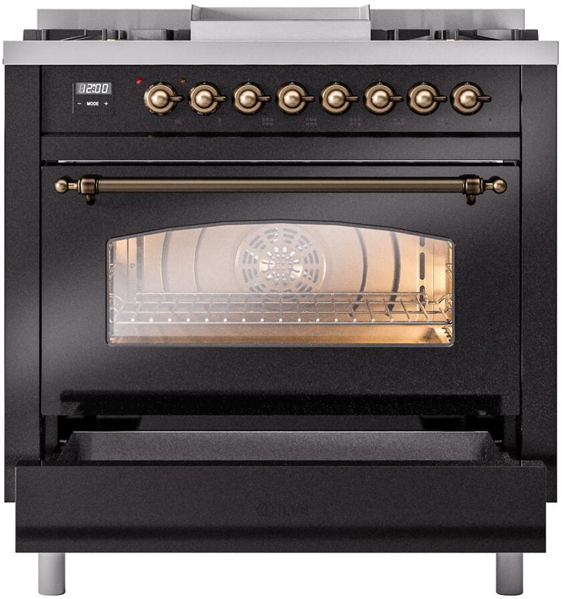 ILVE Nostalgie II 36-Inch Dual Fuel Freestanding Range with Removable Griddle in Glossy Black with Bronze Trim (UP36FNMPBKB)