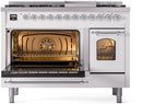 ILVE Nostalgie II 48-Inch Dual Fuel Freestanding Range with Removable Griddle in White with Chrome Trim (UP48FNMPWHC)