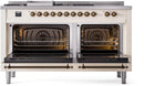 ILVE Nostalgie II 60-Inch Dual Fuel Freestanding Range with Removable Griddle in Antique White with Bronze Trim (UP60FSNMPAWB)