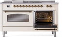 ILVE Nostalgie II 60-Inch Dual Fuel Freestanding Range with Removable Griddle in Antique White with Bronze Trim (UP60FSNMPAWB)