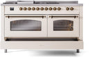 ILVE Nostalgie II 60-Inch Dual Fuel Freestanding Range with Removable Griddle in Antique White with Bronze Trim (UP60FSNMPAWB)