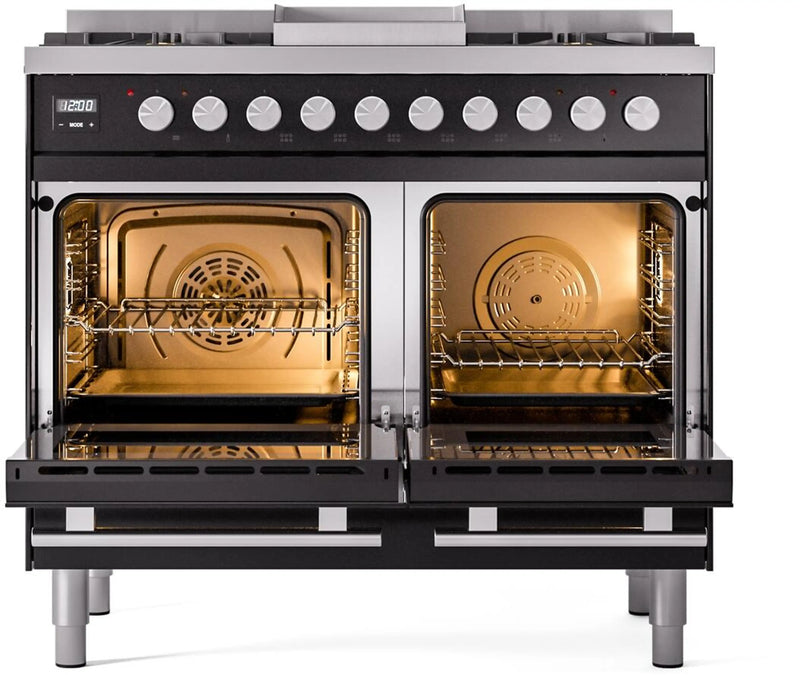 ILVE Professional Plus II 40-Inch Freestanding Dual Fuel Range with 6 Sealed Burner and Removable Griddle in Glossy Black (UPD40FWMPBK)