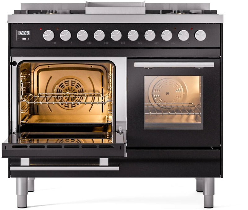 ILVE Professional Plus II 40-Inch Freestanding Dual Fuel Range with 6 Sealed Burner and Removable Griddle in Glossy Black (UPD40FWMPBK)