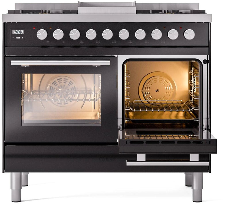 ILVE Professional Plus II 40-Inch Freestanding Dual Fuel Range with 6 Sealed Burner and Removable Griddle in Glossy Black (UPD40FWMPBK)