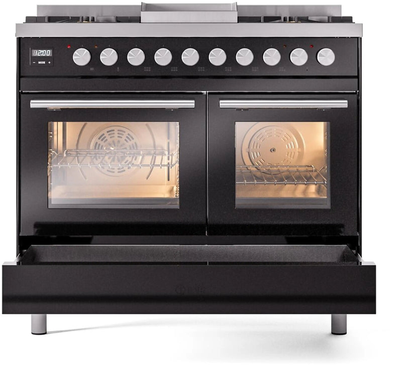 ILVE Professional Plus II 40-Inch Freestanding Dual Fuel Range with 6 Sealed Burner and Removable Griddle in Glossy Black (UPD40FWMPBK)