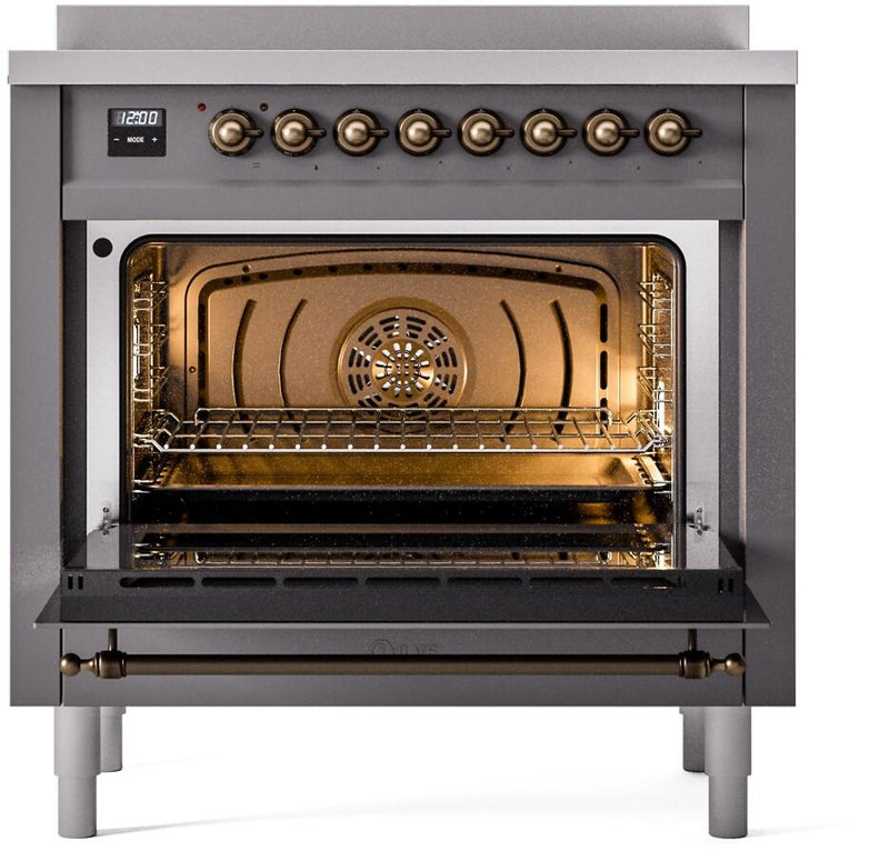 ILVE Nostalgie II 36-Inch Freestanding Electric Induction Range in Matte Graphite with Bronze Trim (UPI366NMPMGB)