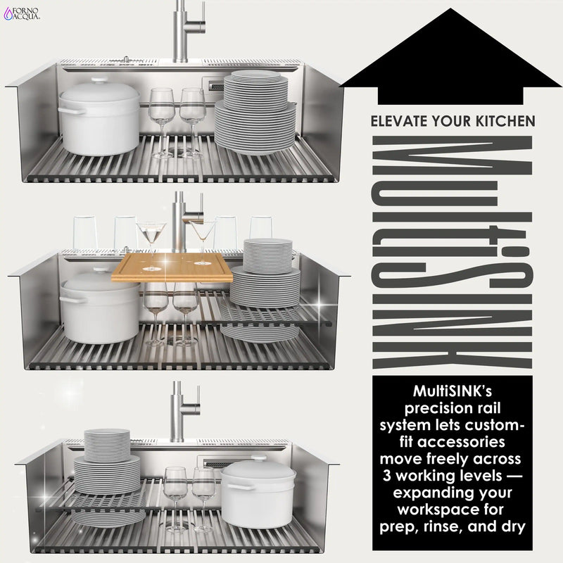 Forno Acqua 33-Inch Drop-In/Undermount 3-Level Workstation with Retractable Faucet & Glass Rinser (D-ZP30)