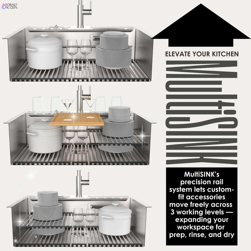 Forno Acqua 33-Inch Drop-In/Undermount MultiSINK Workstation Sink with Waterfall Faucet & Glass Rinser (E-XP30)