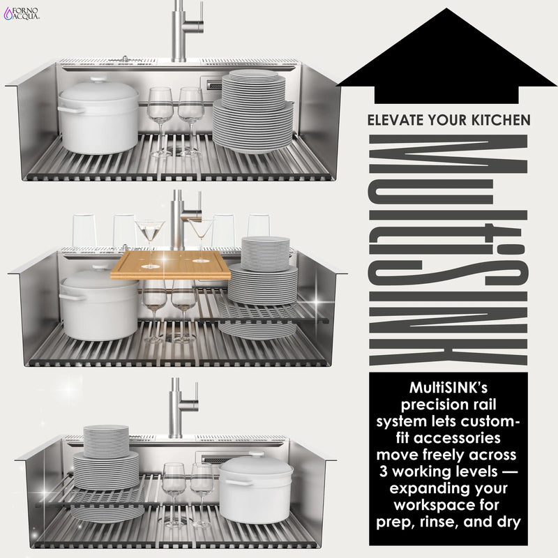 Forno Acqua 33-Inch Drop-In/Undermount 3-Level Workstation Sink with Faucet, Waterfall & Glass Rinser (E-ZP31)