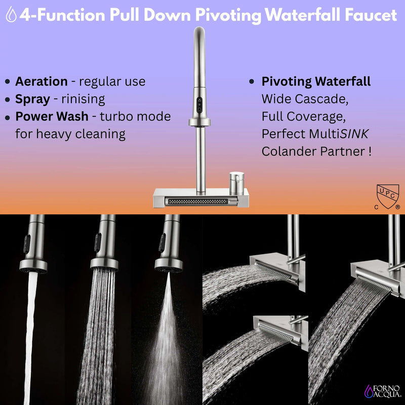 Forno Acqua 33-Inch Drop-In/Undermount MultiSINK Workstation Sink with Waterfall Faucet & Glass Rinser (E-XP30)