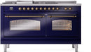ILVE Nostalgie II 60-Inch Dual Fuel Freestanding Range with Removable Griddle in Midnight Blue with Bronze Trim (UP60FSNMPMBB)
